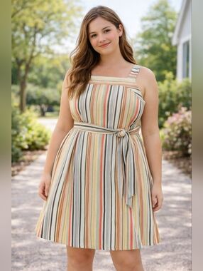 Sandra Darren Striped Fit & Flare Dress Size 16 Belted Sleeveless Summer Midi Su